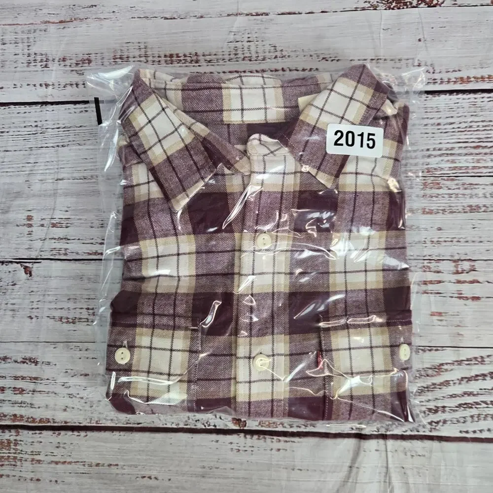 Levis Men Flannel L Burgundy Tan Check Soft Cotton Blend Casual Gorpcore Outdoor